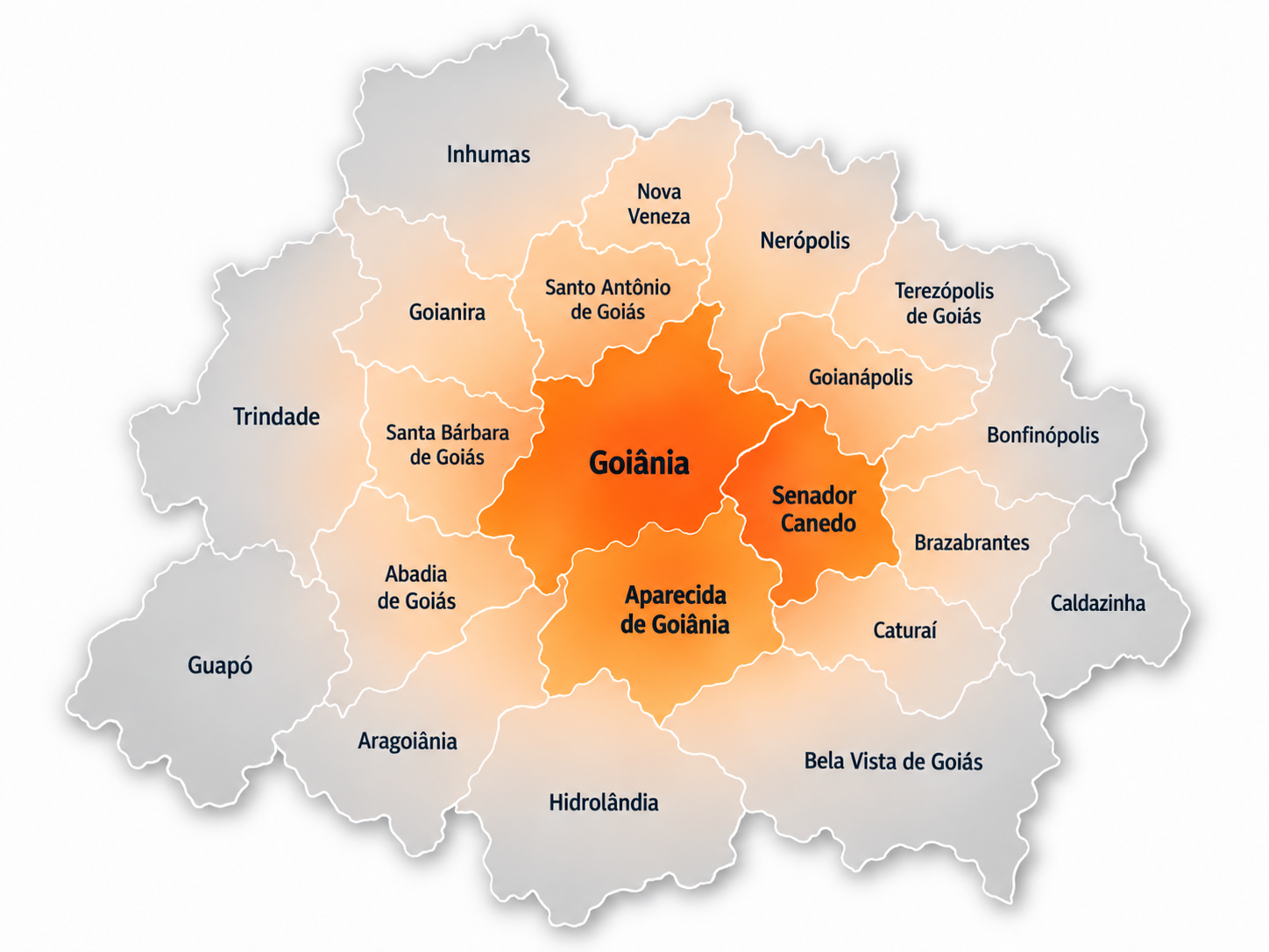 Mapa ilustrando Goiânia e cidades da região metropolitana atendidas